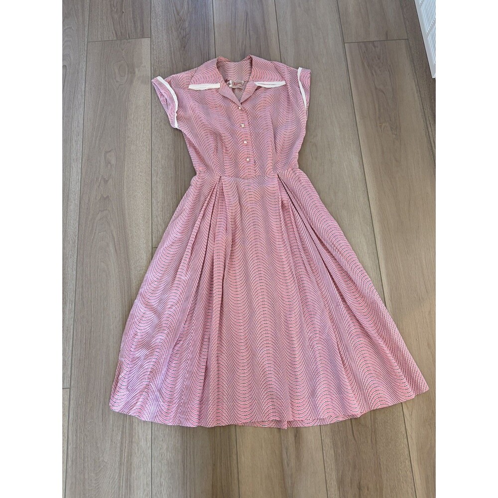 Vintage Wildman Originals Dress Pink White Wave Print Button Front Fit Flare M